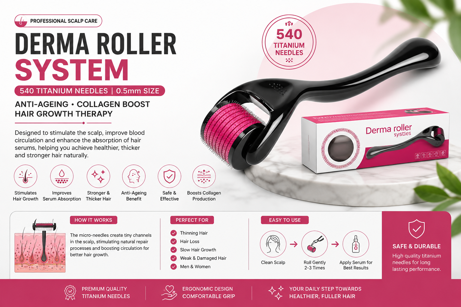 Derma Roller 540 Titanium Needles Anti-Aging Hair Growth Therapy
