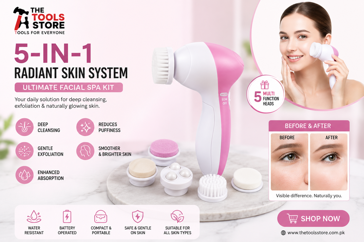 5-in-1 Facial Spa Kit with 5 Interchangeable Heads, White, Portable, Deep Cleansing & Circulation Boosting